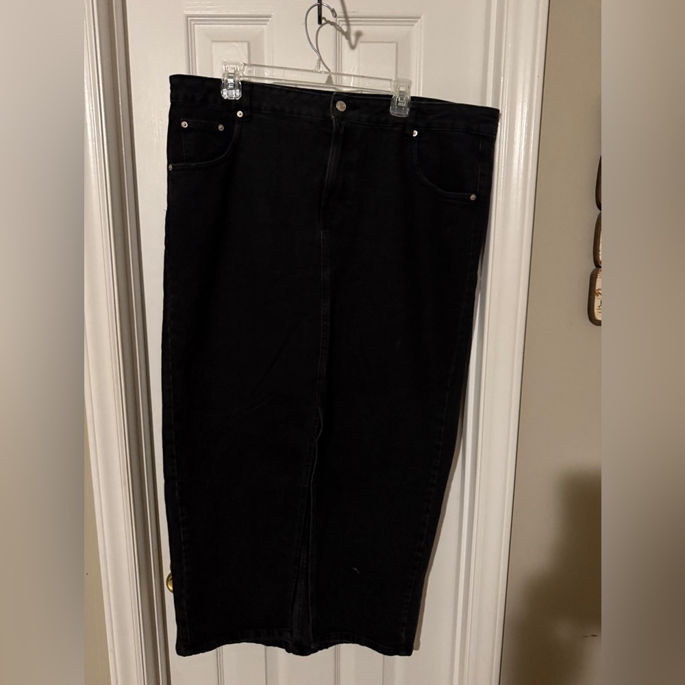 ASOS black denim straight maxi skirt with front split size 16 little stretch